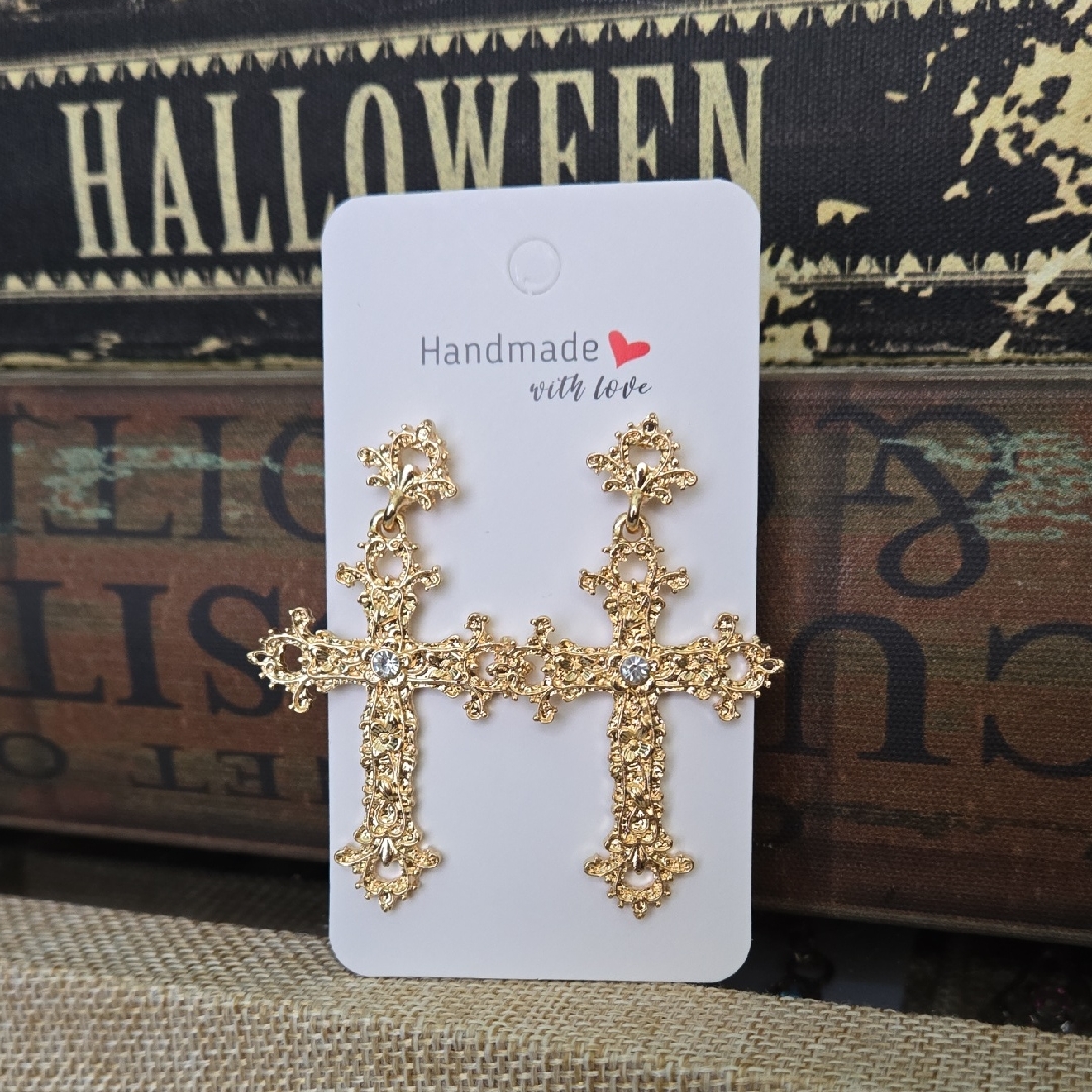Ornate Gold Cross Post Earrings, Nwt